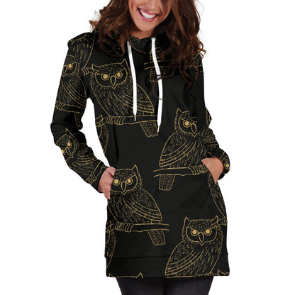 Gold Owl Pattern Women Hoodie Dress