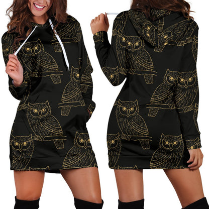 Gold Owl Pattern Women Hoodie Dress