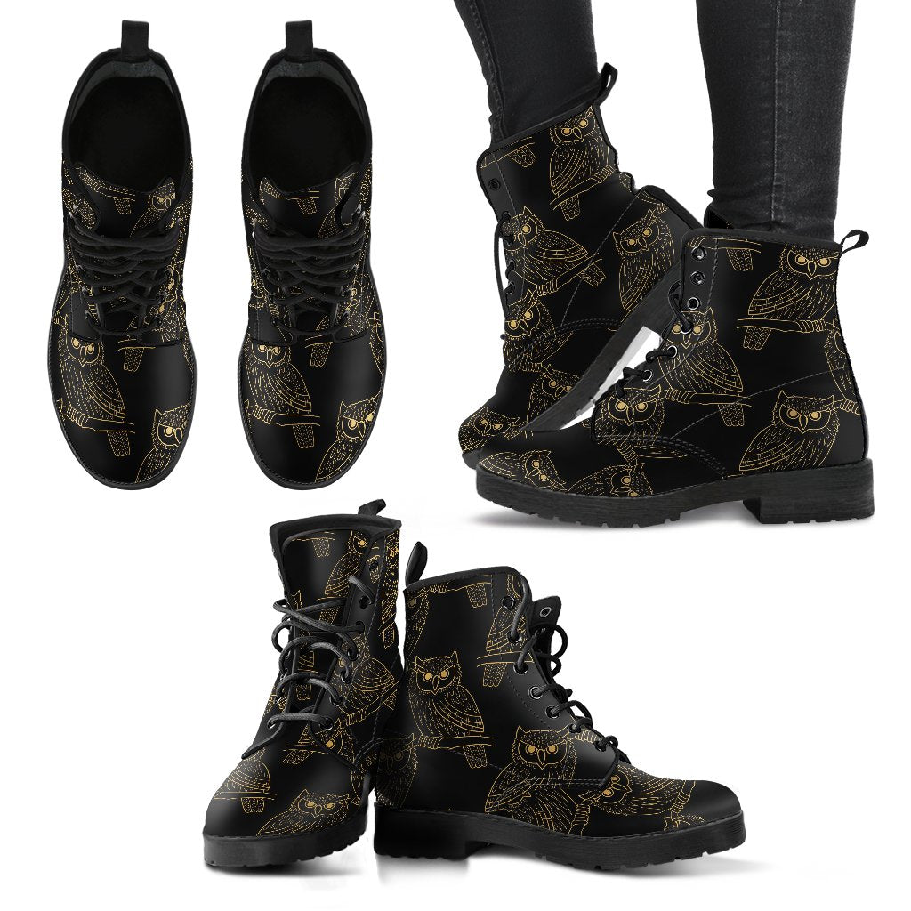 Gold Owl Pattern Women Leather Boots