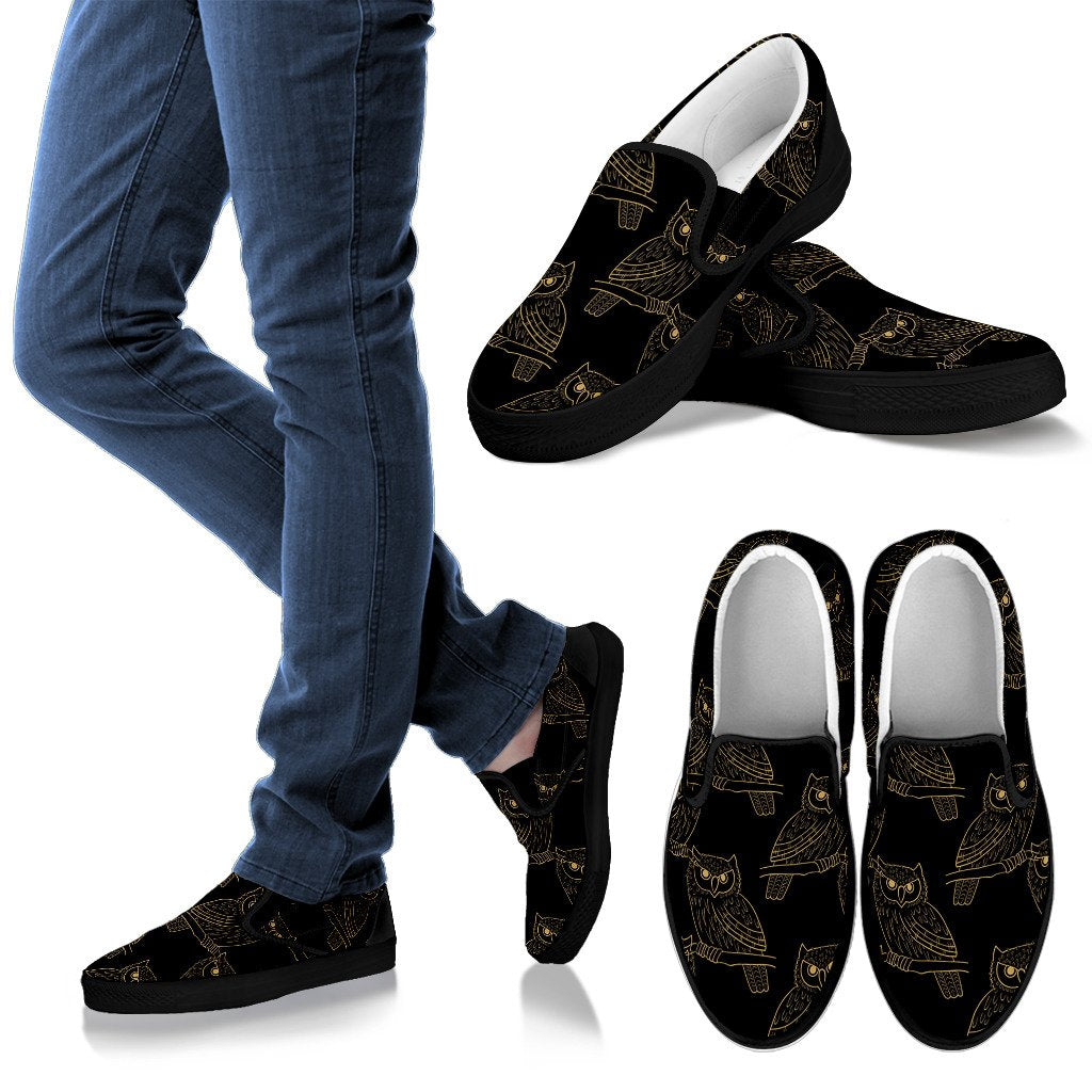 Gold Owl Pattern Women Slip On Shoes