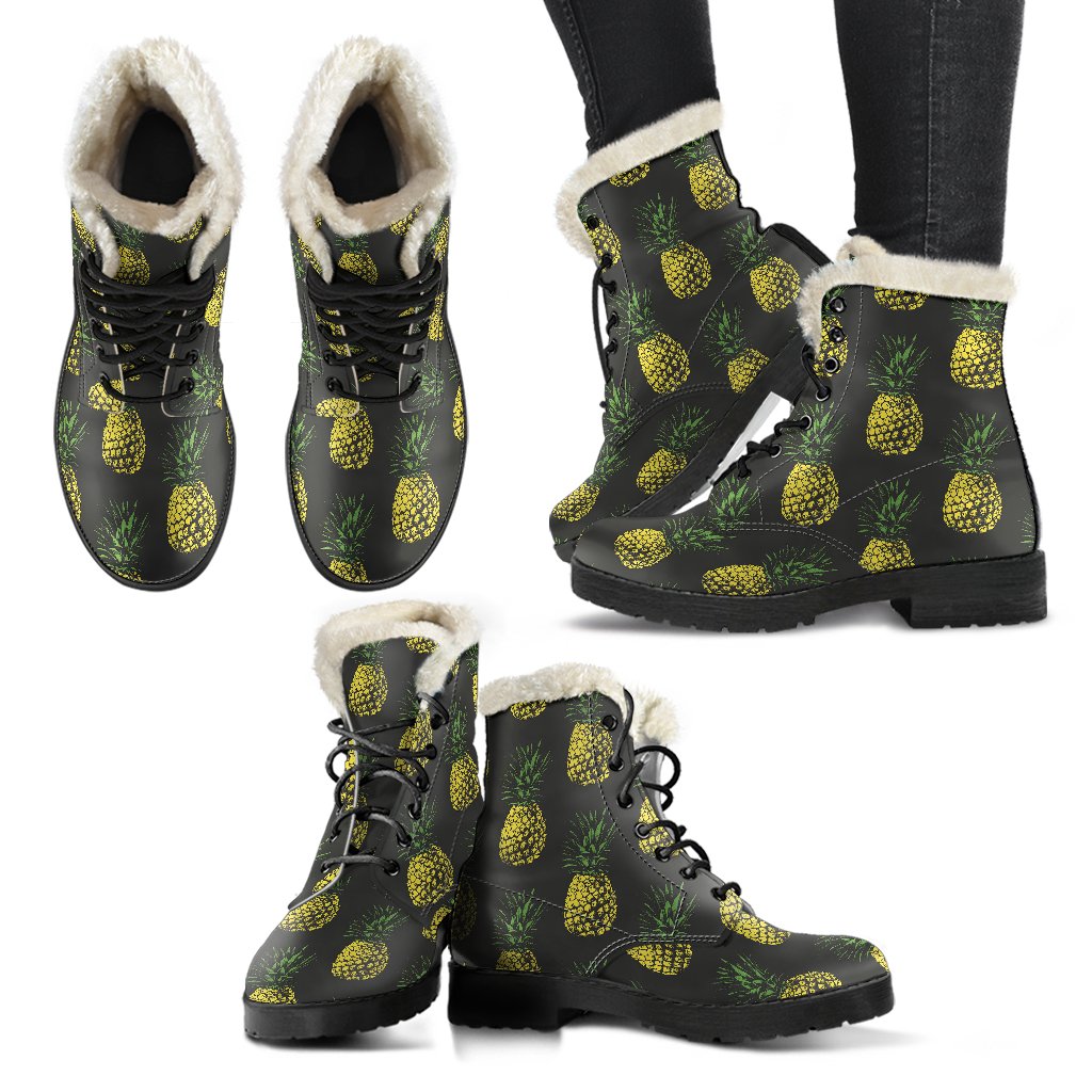 Gold Pineapple Faux Fur Leather Boots