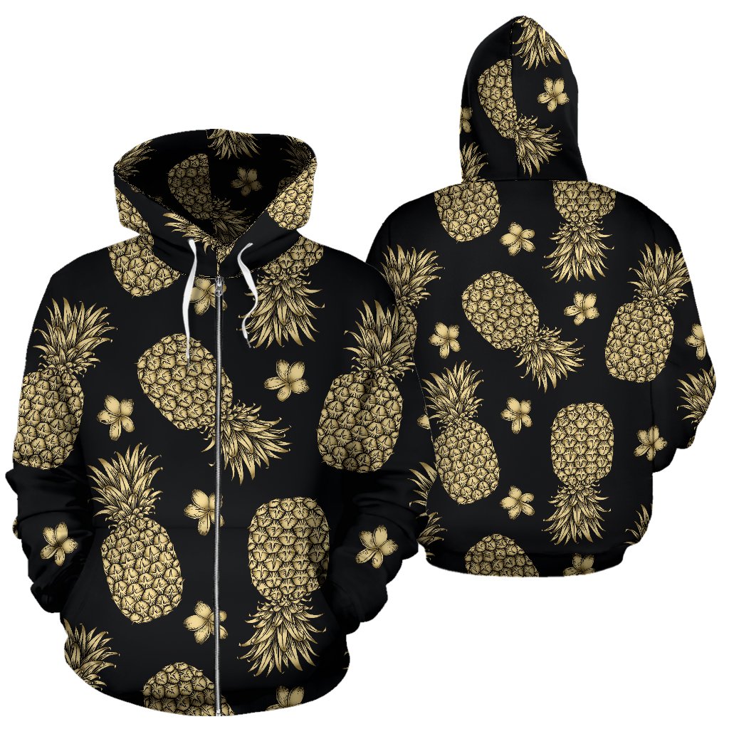 Gold Pineapple Hibiscus All Over Zip Up Hoodie