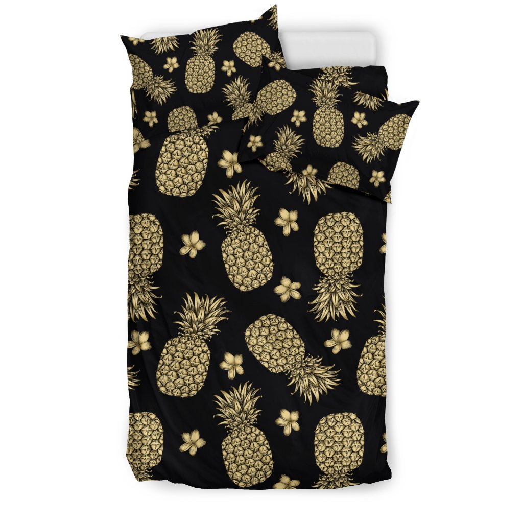 Gold Pineapple Hibiscus Duvet Cover Bedding Set