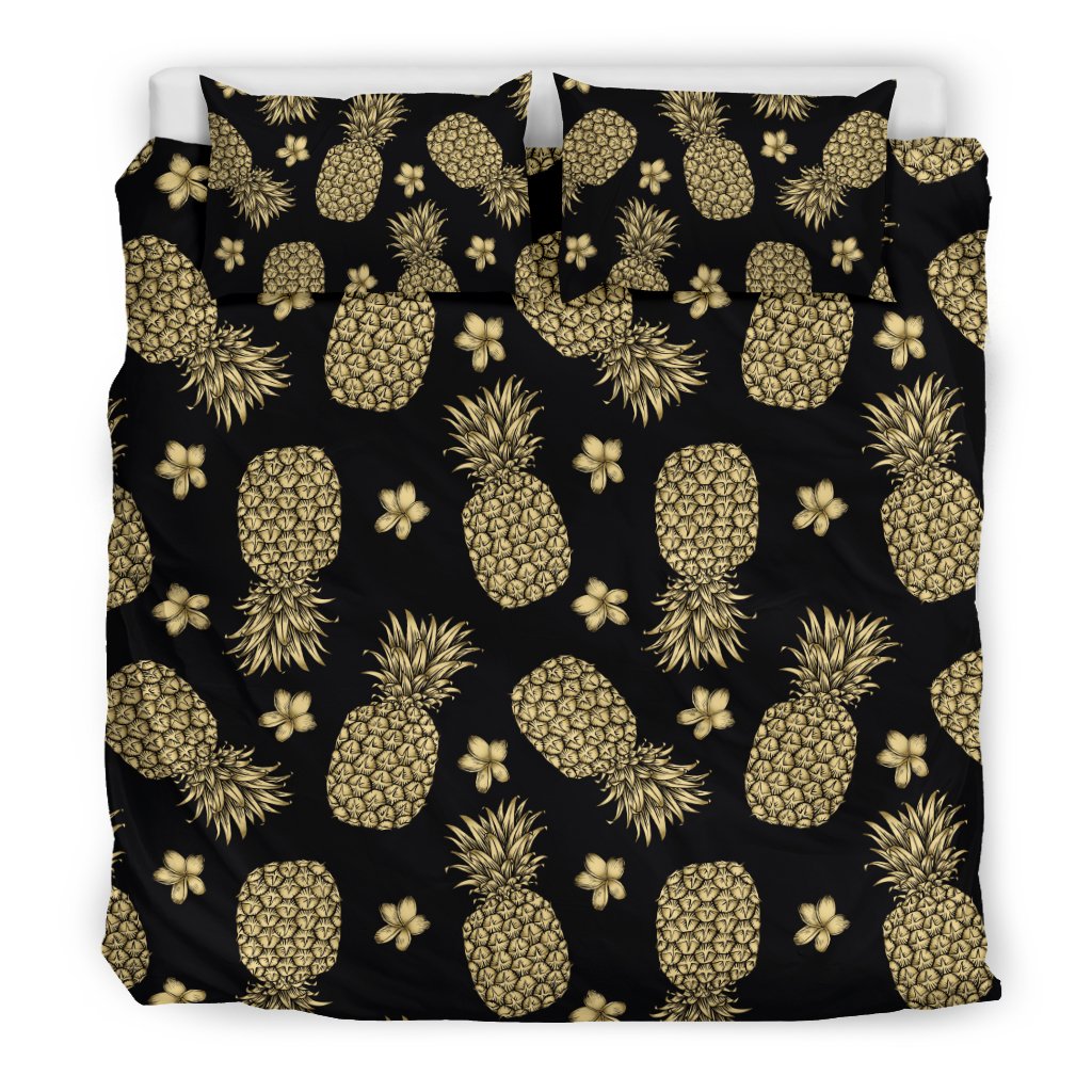 Gold Pineapple Hibiscus Duvet Cover Bedding Set