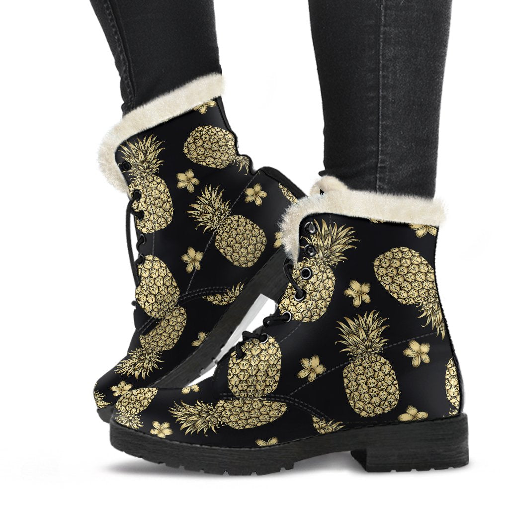 Gold Pineapple Hibiscus Faux Fur Leather Boots