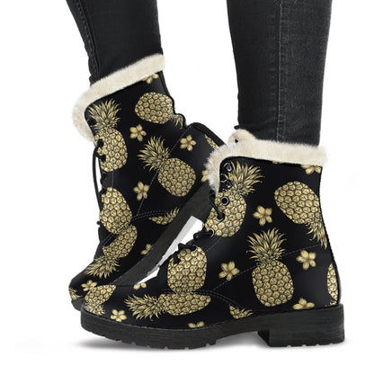 Gold Pineapple Hibiscus Faux Fur Leather Boots