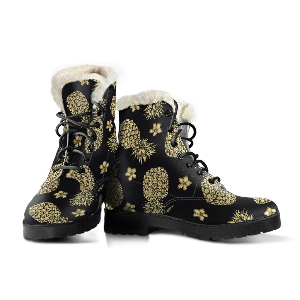 Gold Pineapple Hibiscus Faux Fur Leather Boots