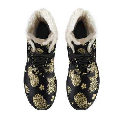 Gold Pineapple Hibiscus Faux Fur Leather Boots