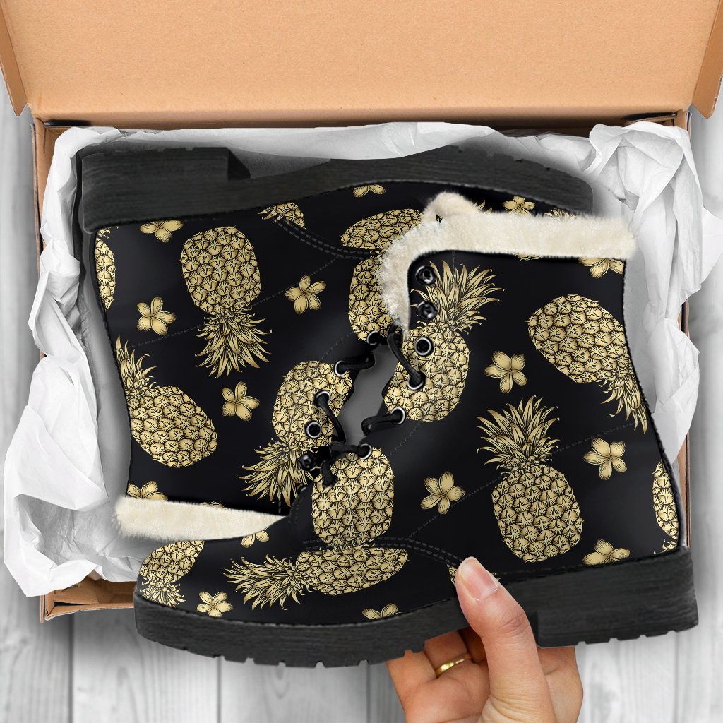 Gold Pineapple Hibiscus Faux Fur Leather Boots