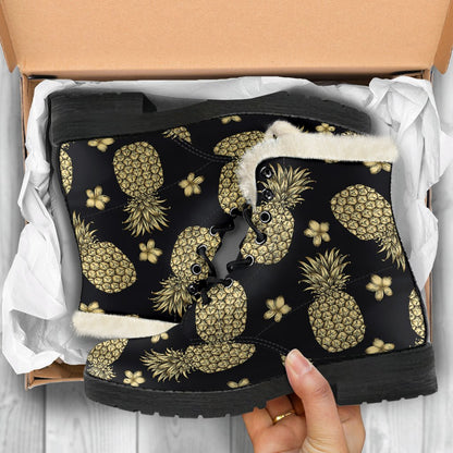 Gold Pineapple Hibiscus Faux Fur Leather Boots