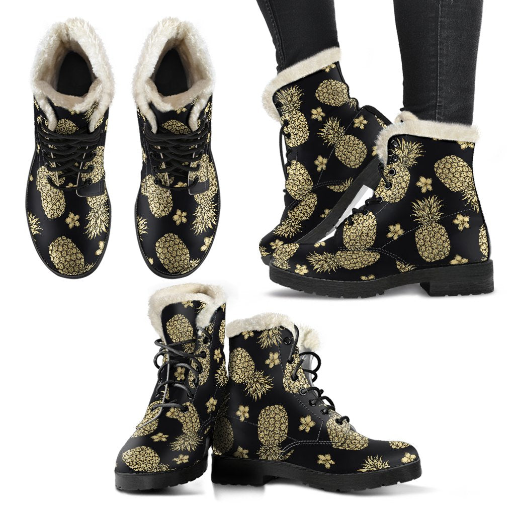Gold Pineapple Hibiscus Faux Fur Leather Boots