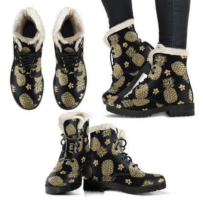 Gold Pineapple Hibiscus Faux Fur Leather Boots