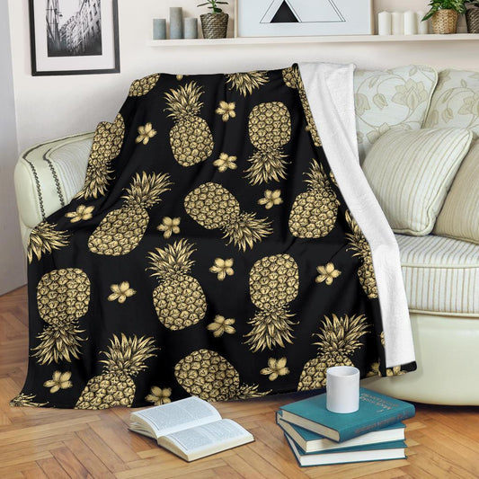 Gold Pineapple Hibiscus Fleece Blanket