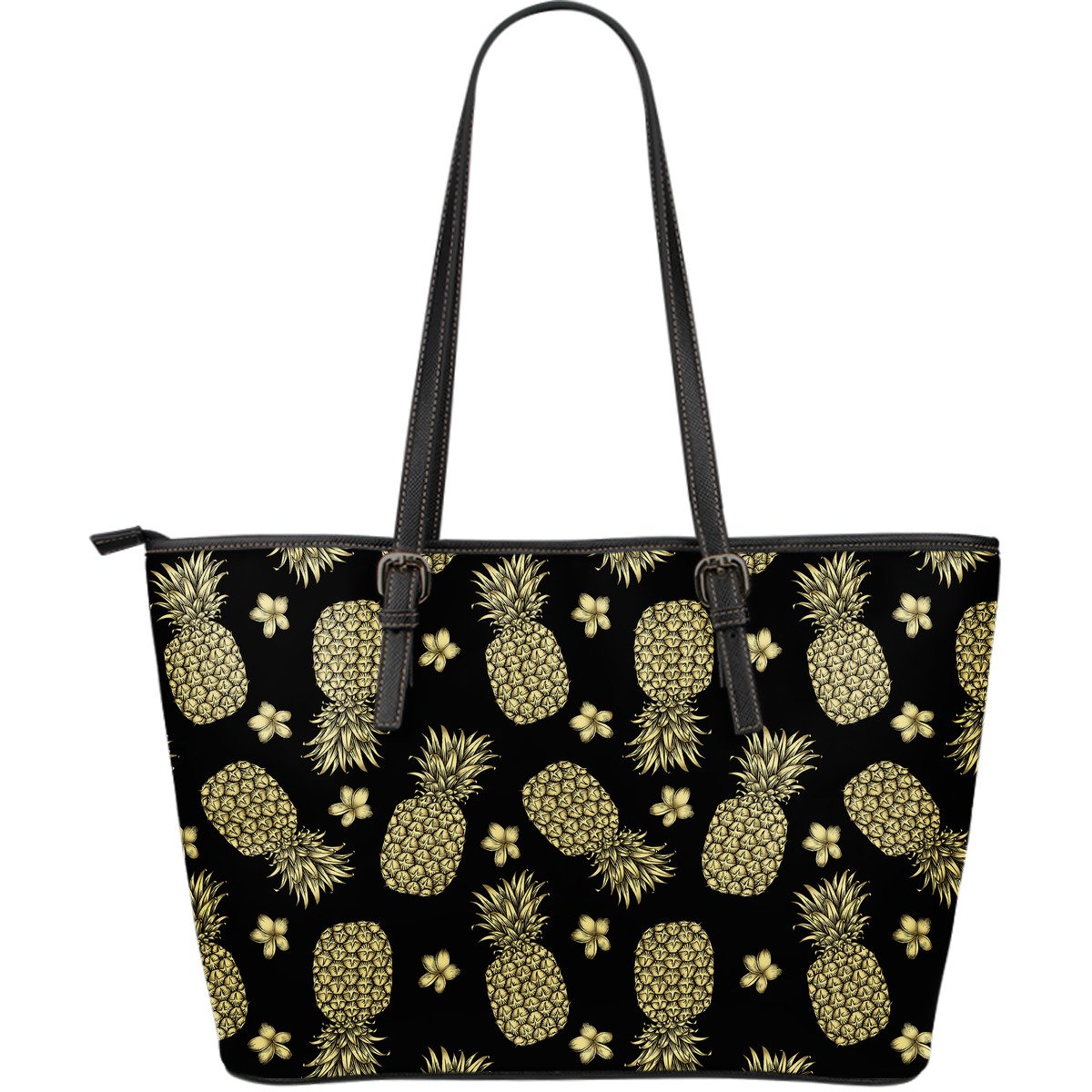 Gold Pineapple Hibiscus Large Leather Tote Bag