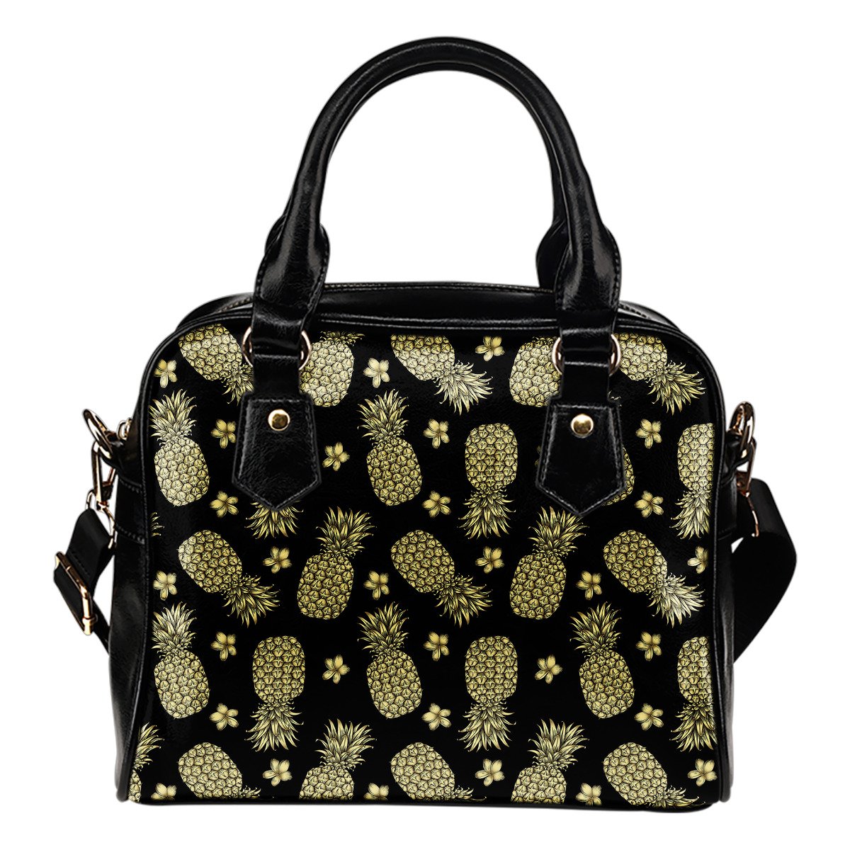 Gold Pineapple Hibiscus Leather Shoulder Handbag