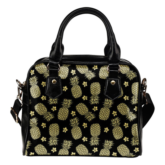 Gold Pineapple Hibiscus Leather Shoulder Handbag
