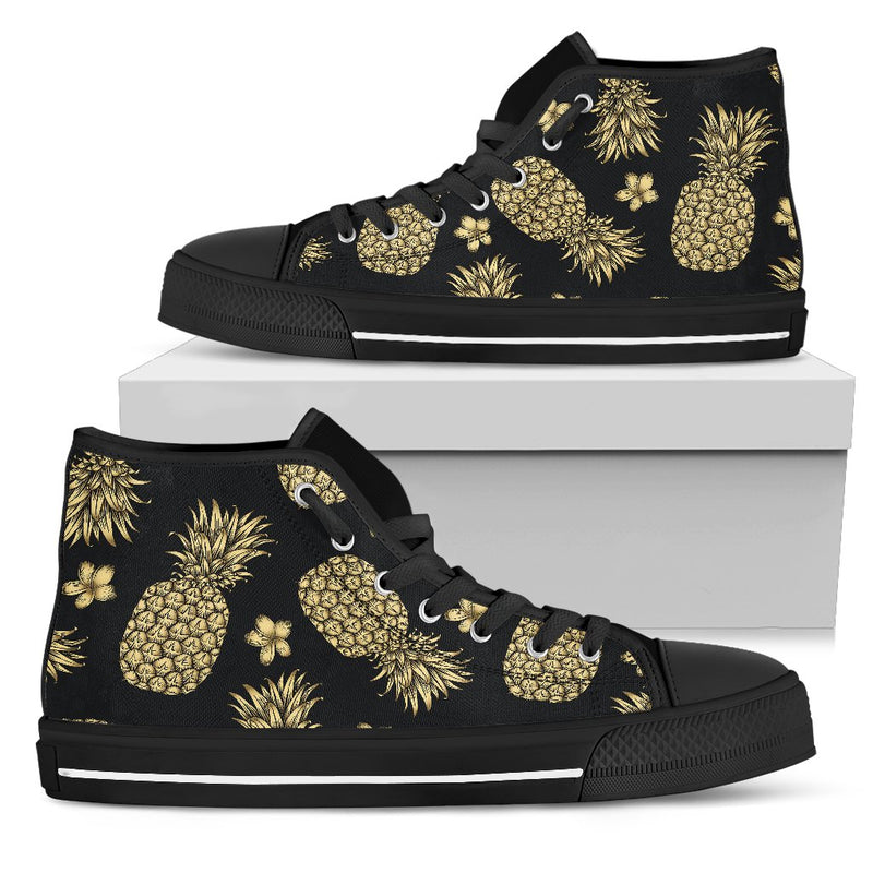 Gold Pineapple Hibiscus Men High Top Shoes