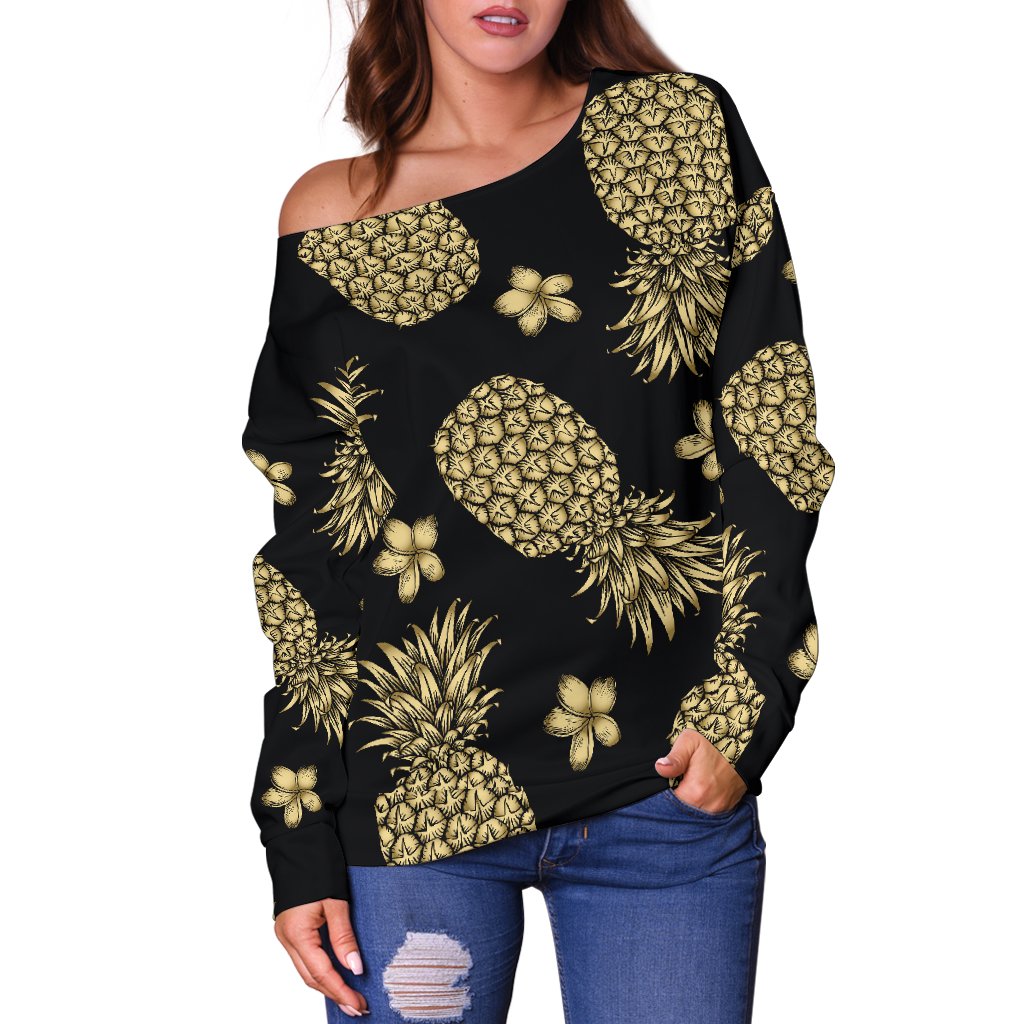 Gold Pineapple Hibiscus Off Shoulder Sweatshirt