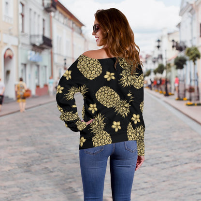 Gold Pineapple Hibiscus Off Shoulder Sweatshirt