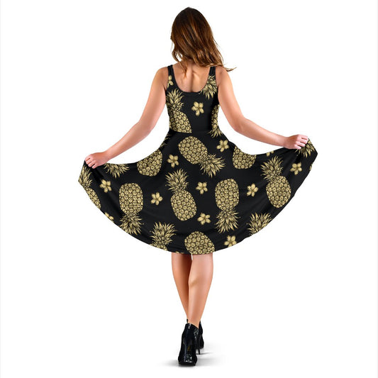 Gold Pineapple Hibiscus Sleeveless Mini Dress