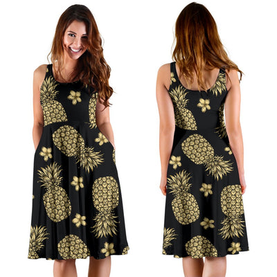 Gold Pineapple Hibiscus Sleeveless Mini Dress