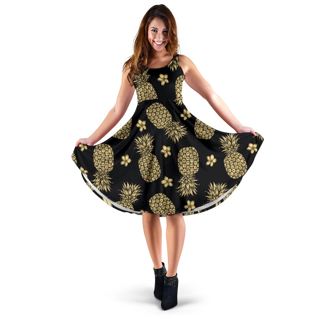 Gold Pineapple Hibiscus Sleeveless Mini Dress