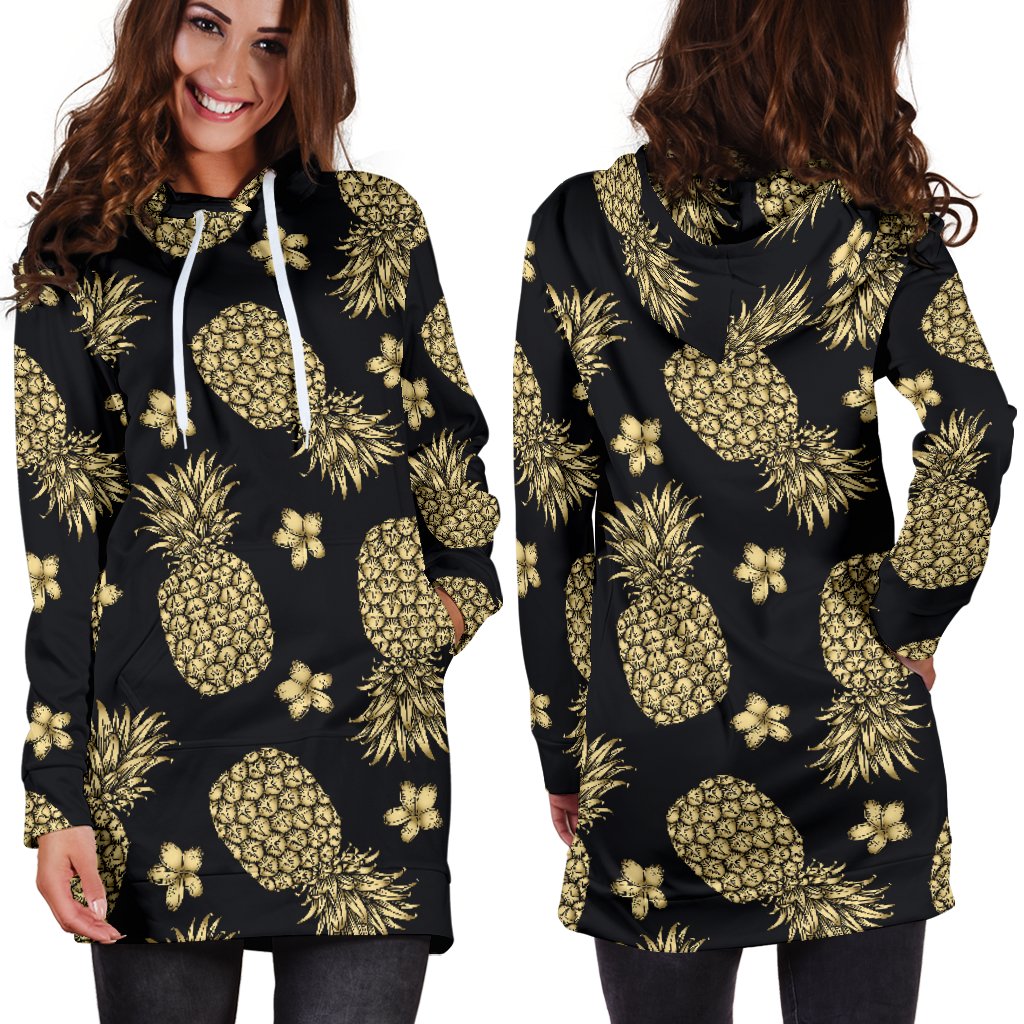 Gold Pineapple Hibiscus Women Hoodie Dress