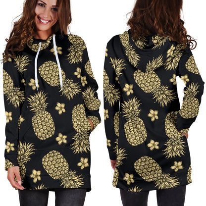 Gold Pineapple Hibiscus Women Hoodie Dress