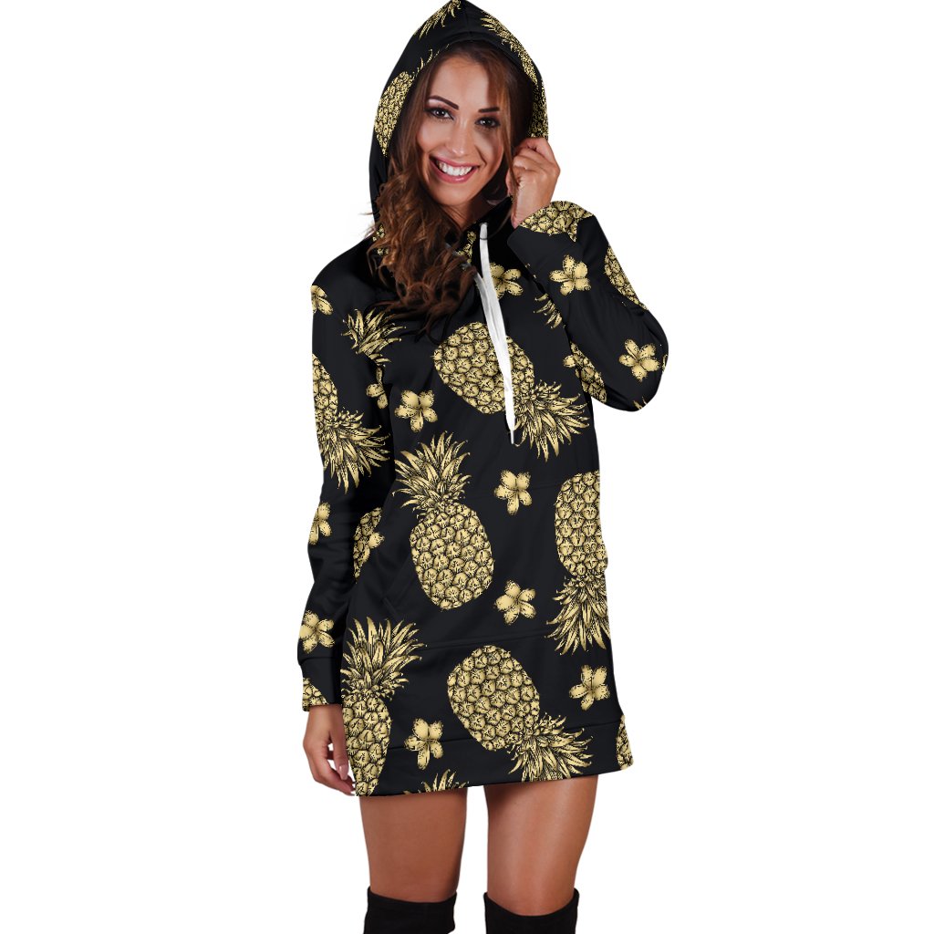 Gold Pineapple Hibiscus Women Hoodie Dress