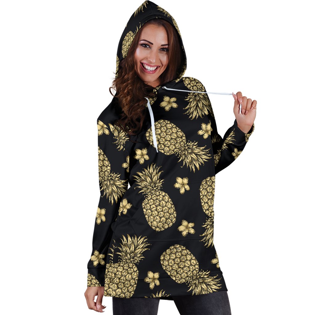 Gold Pineapple Hibiscus Women Hoodie Dress