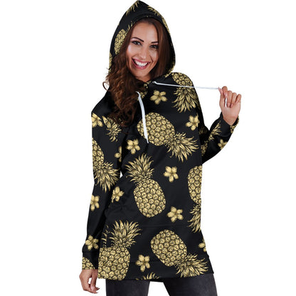 Gold Pineapple Hibiscus Women Hoodie Dress