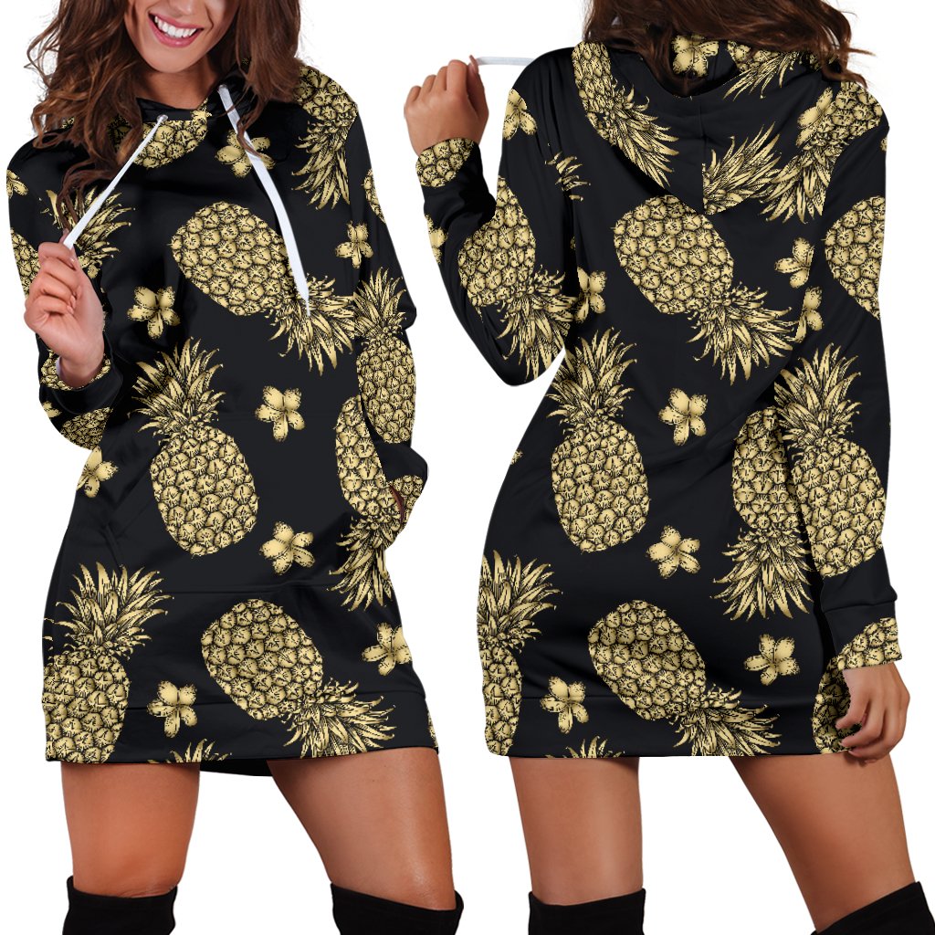 Gold Pineapple Hibiscus Women Hoodie Dress