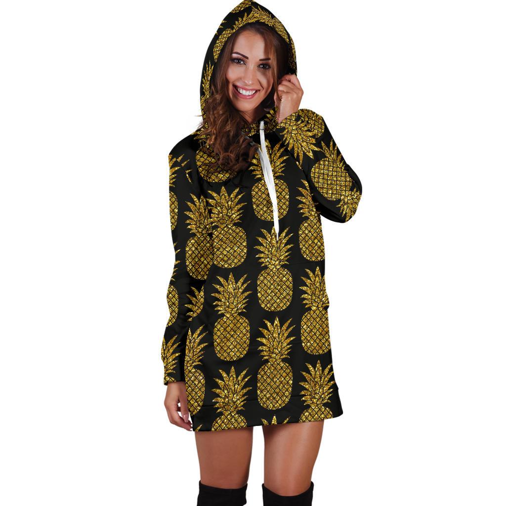 Gold Pineapple Pattern Print Design PP011 Women Hoodie Dress