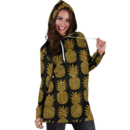 Gold Pineapple Pattern Print Design PP011 Women Hoodie Dress