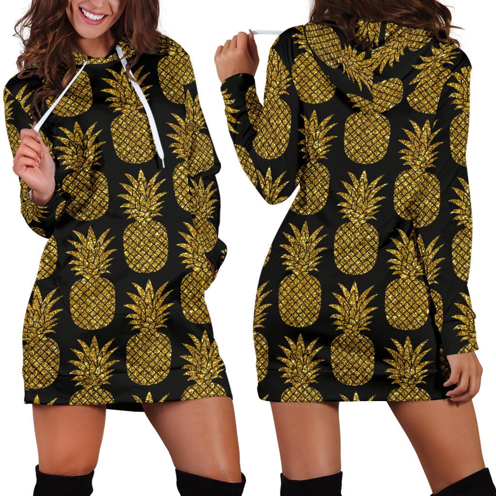 Gold Pineapple Pattern Print Design PP011 Women Hoodie Dress
