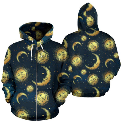 Gold Sun Moon Face All Over Zip Up Hoodie