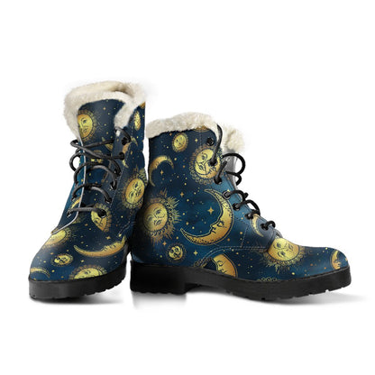Gold Sun Moon Face Faux Fur Leather Boots