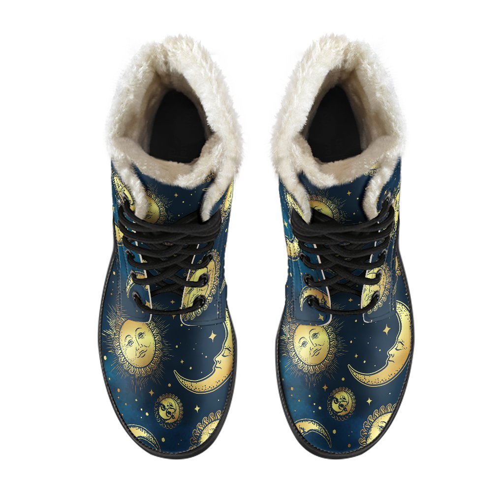Gold Sun Moon Face Faux Fur Leather Boots
