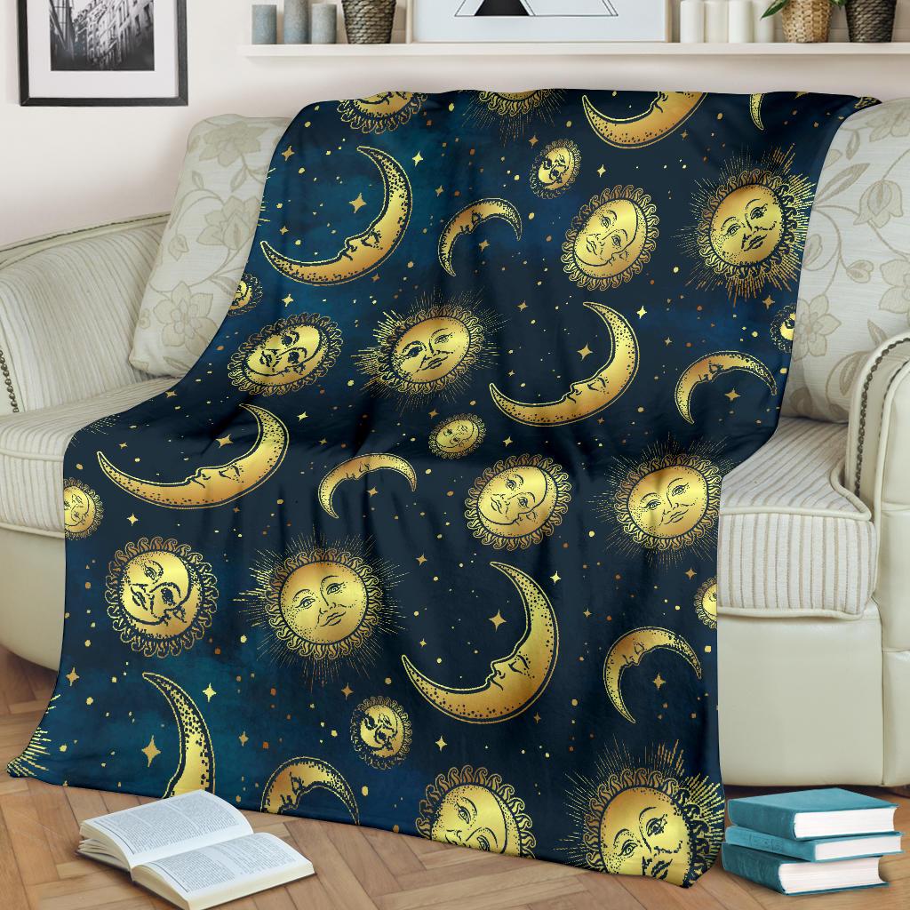 Gold Sun Moon Face Fleece Blanket