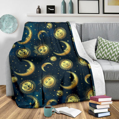 Gold Sun Moon Face Fleece Blanket