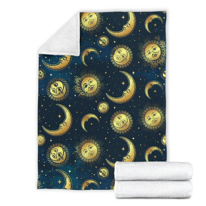 Gold Sun Moon Face Fleece Blanket