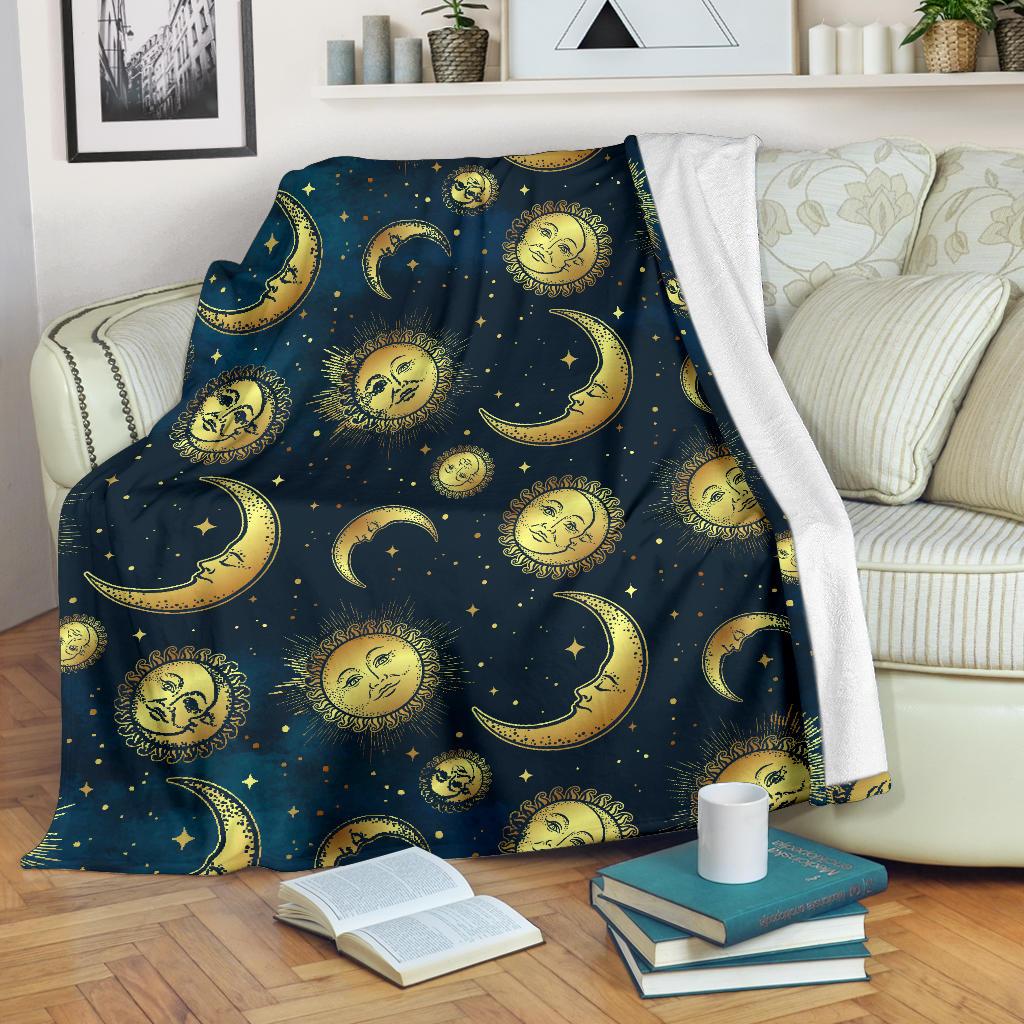 Gold Sun Moon Face Fleece Blanket