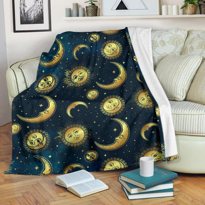 Gold Sun Moon Face Fleece Blanket