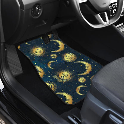 Gold Sun Moon Face Front and Back Car Floor Mats