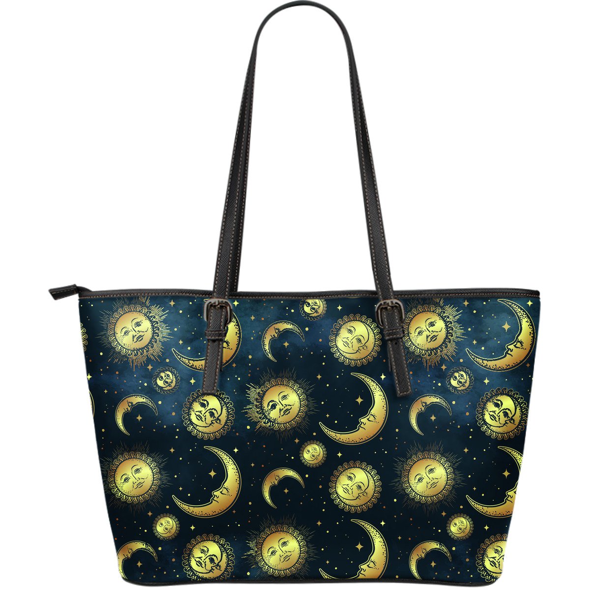 Gold Sun Moon Face Large Leather Tote Bag