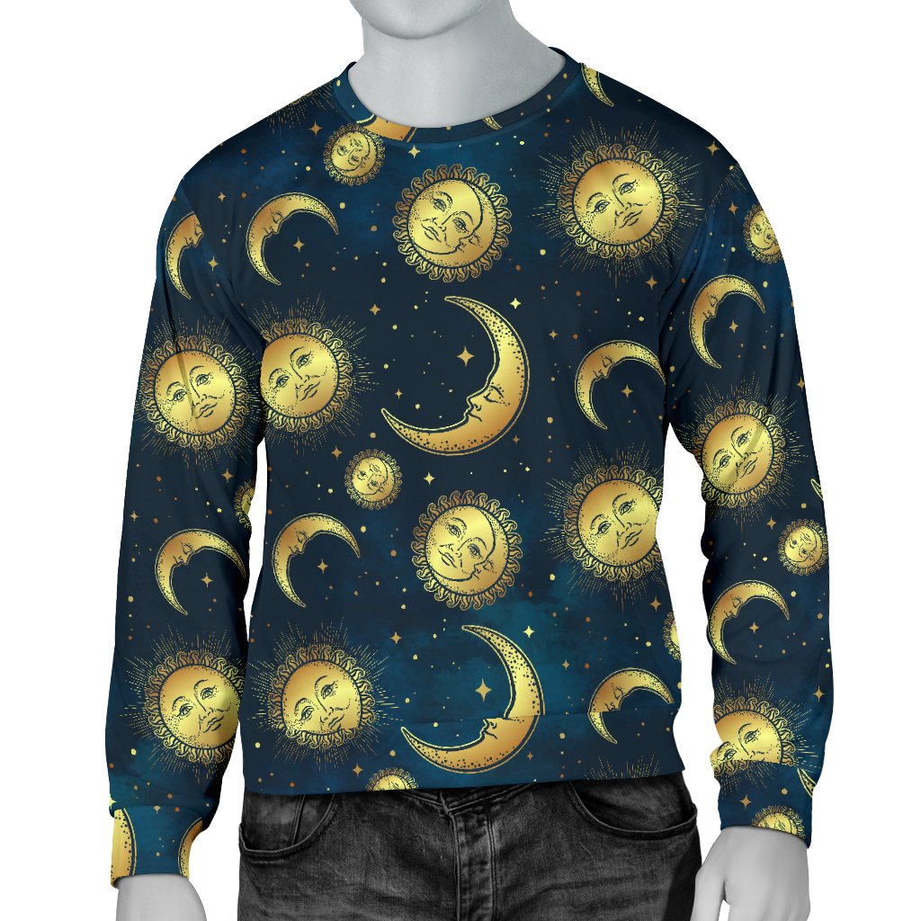 Gold Sun Moon Face Men Crewneck Sweatshirt