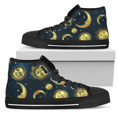 Gold Sun Moon Face Men High Top Shoes