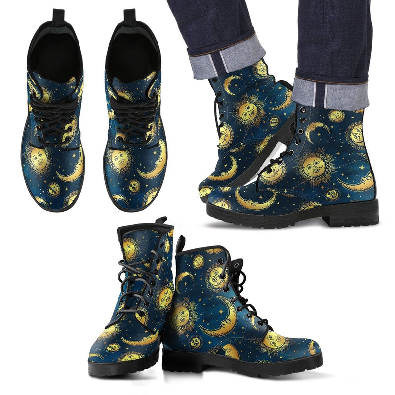 Gold Sun Moon Face Men Leather Boots