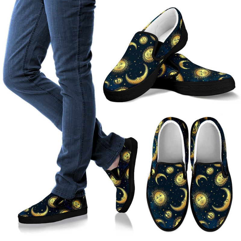 Gold Sun Moon Face Men Slip On Shoes