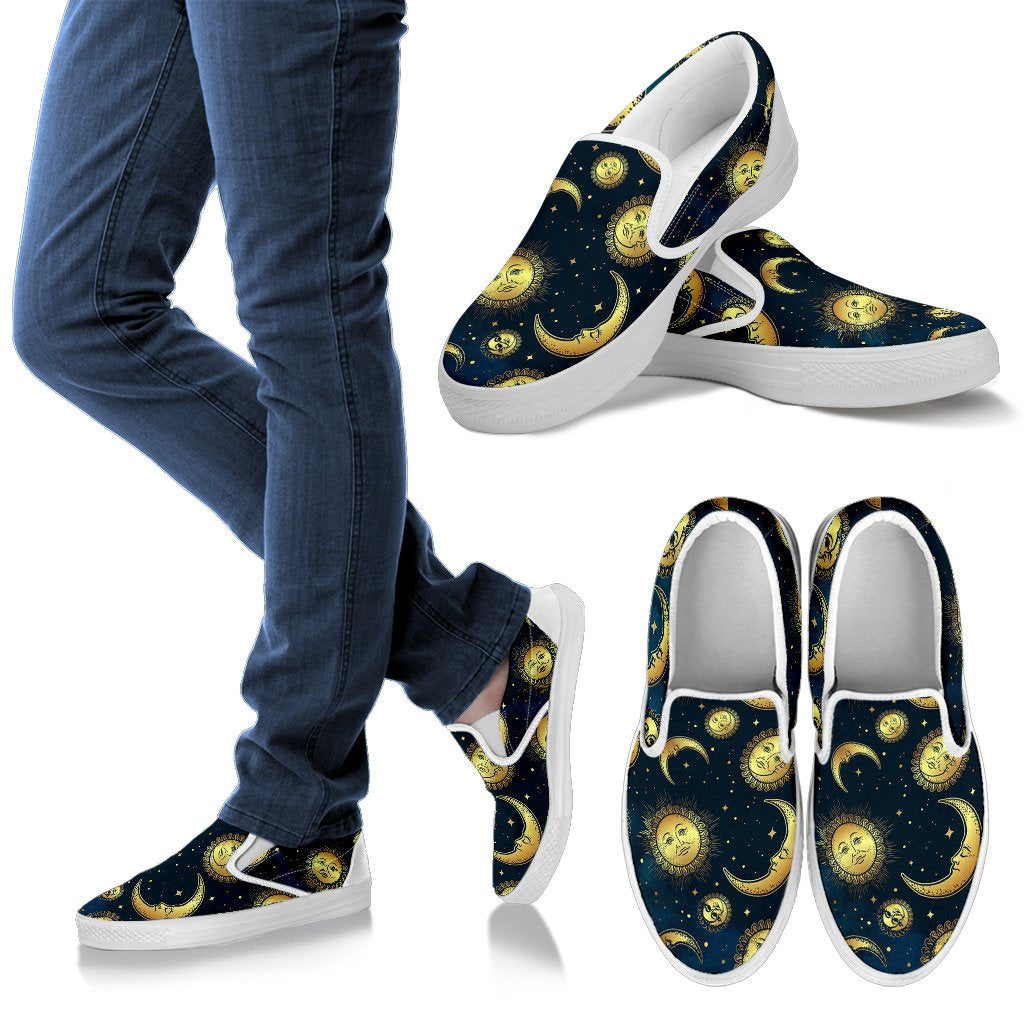 Gold Sun Moon Face Men Slip On Shoes